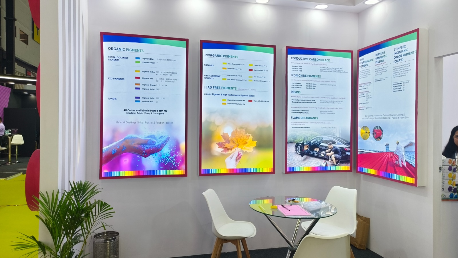 Colorina product information wall featuring organic, inorganic, and anti-corrosive pigments.